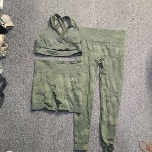 Gymshark medium olive green 3-piece set, leggings, sports bra, & shorts